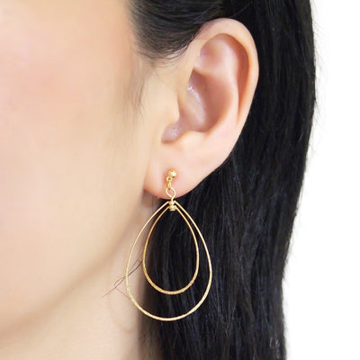 Dangle Gold Double Teardrop Hoop Invisible Clip on Earrings - miyabigracejewelry.com