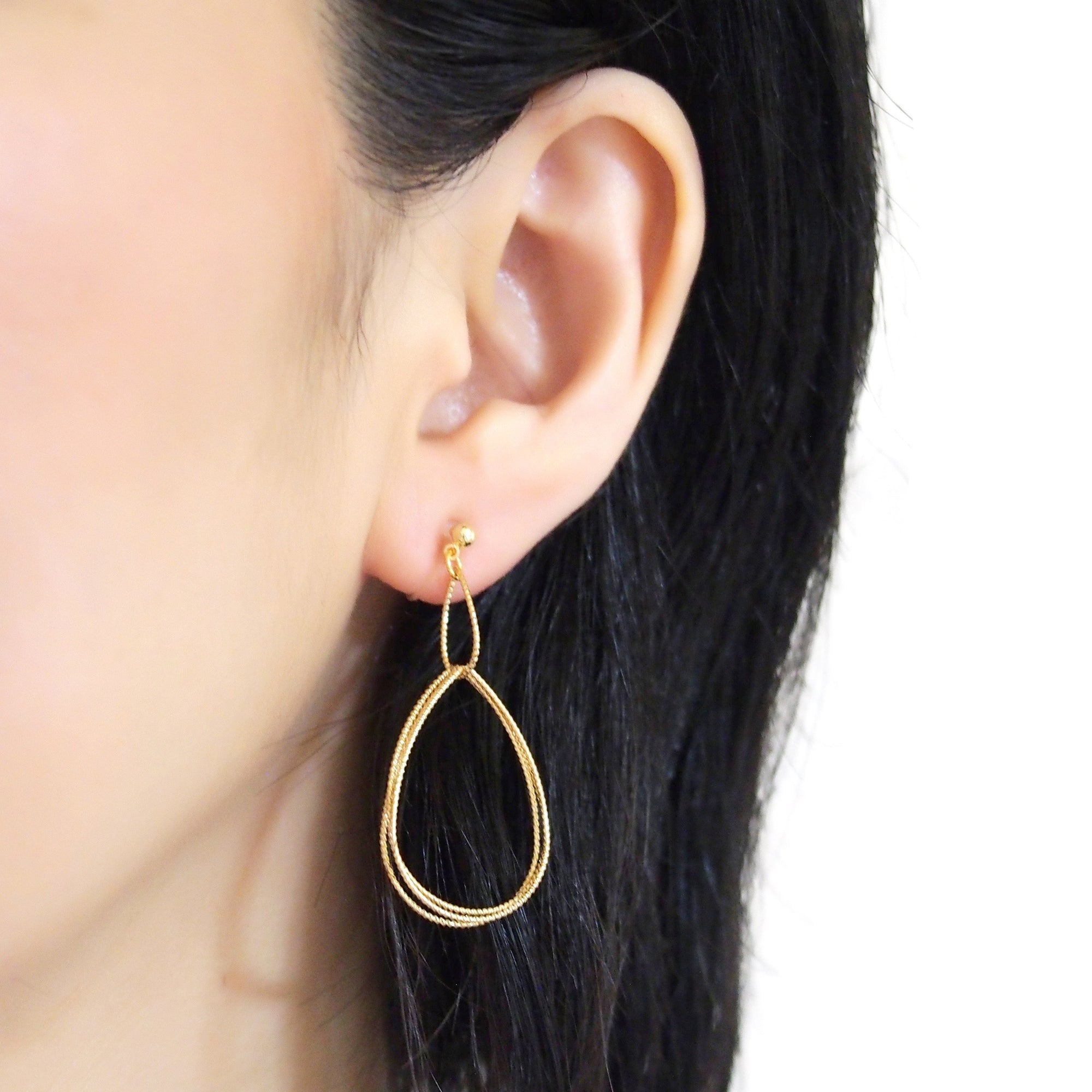 Dangle Gold Textured Pear Hoop Invisible Clip on Earrings - miyabigracejewelry.com