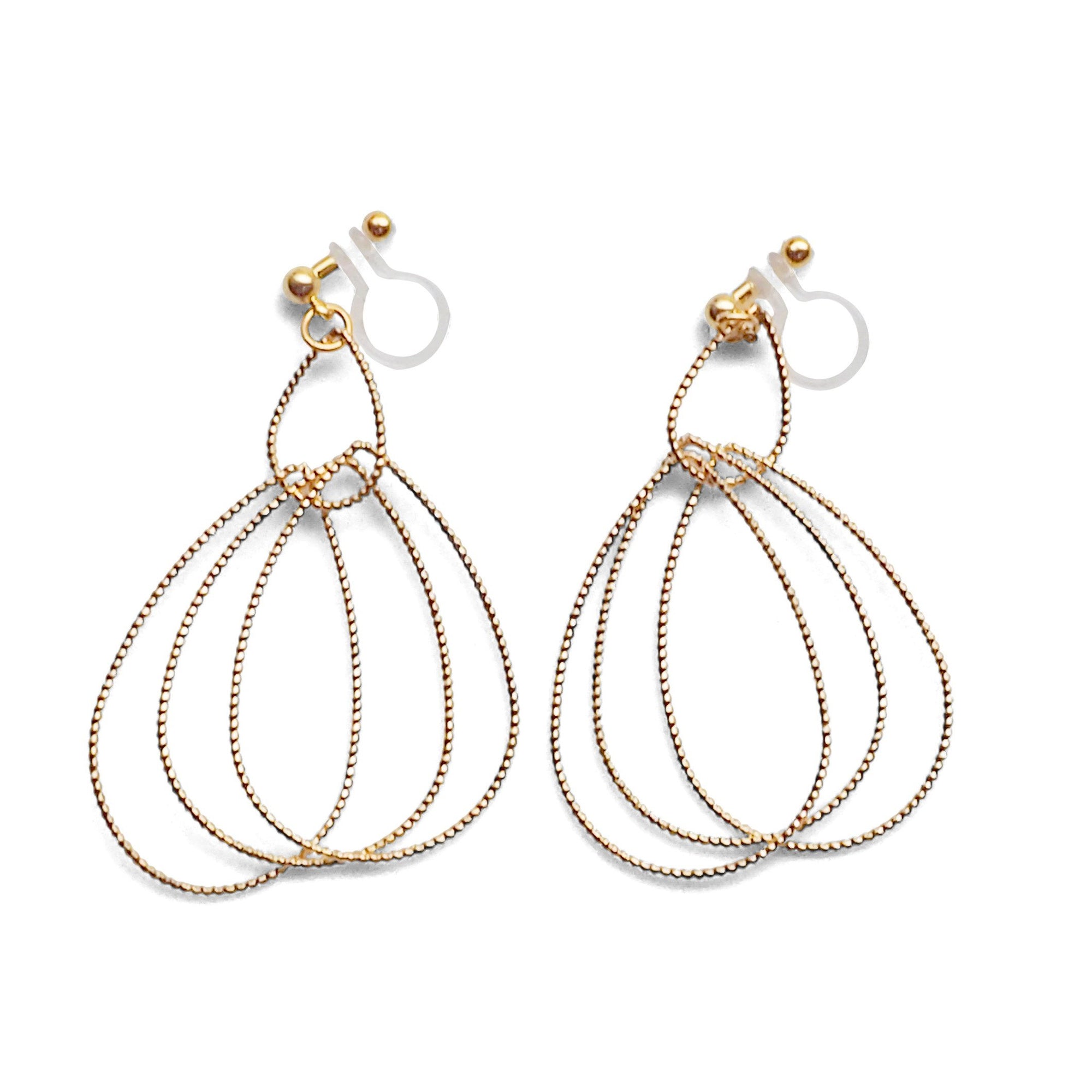 Dangle Gold Textured Pear Hoop Invisible Clip on Earrings - miyabigracejewelry.com