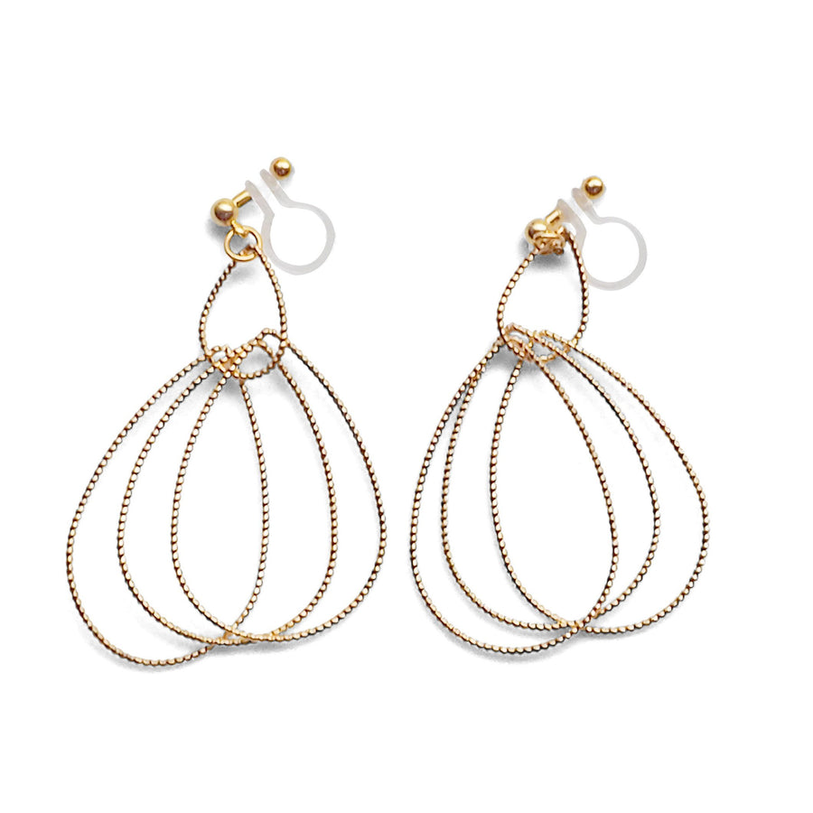 Dangle Gold Textured Pear Hoop Invisible Clip on Earrings - miyabigracejewelry.com