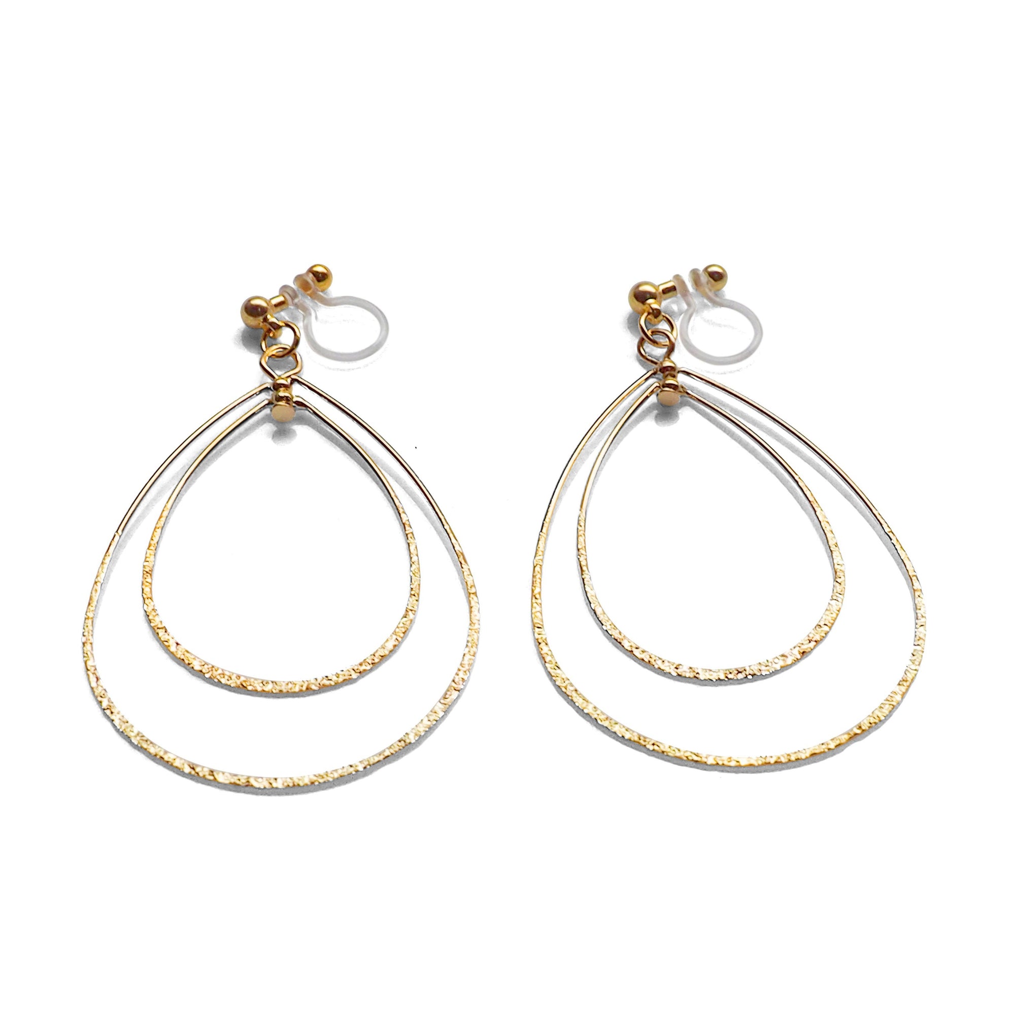 Dangle Gold Double Teardrop Hoop Invisible Clip on Earrings - miyabigracejewelry.com