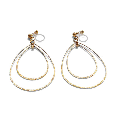 Dangle Gold Double Teardrop Hoop Invisible Clip on Earrings - miyabigracejewelry.com