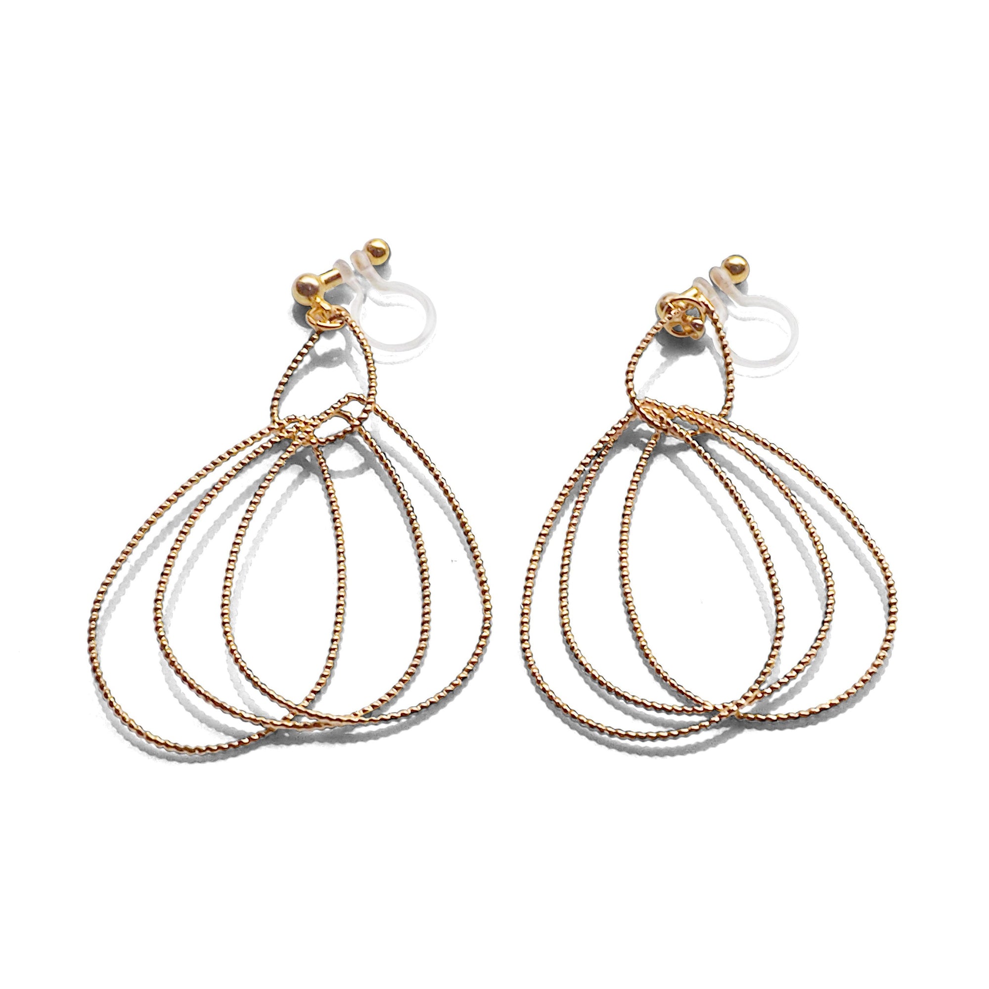 Dangle Gold Textured Pear Hoop Invisible Clip on Earrings - miyabigracejewelry.com