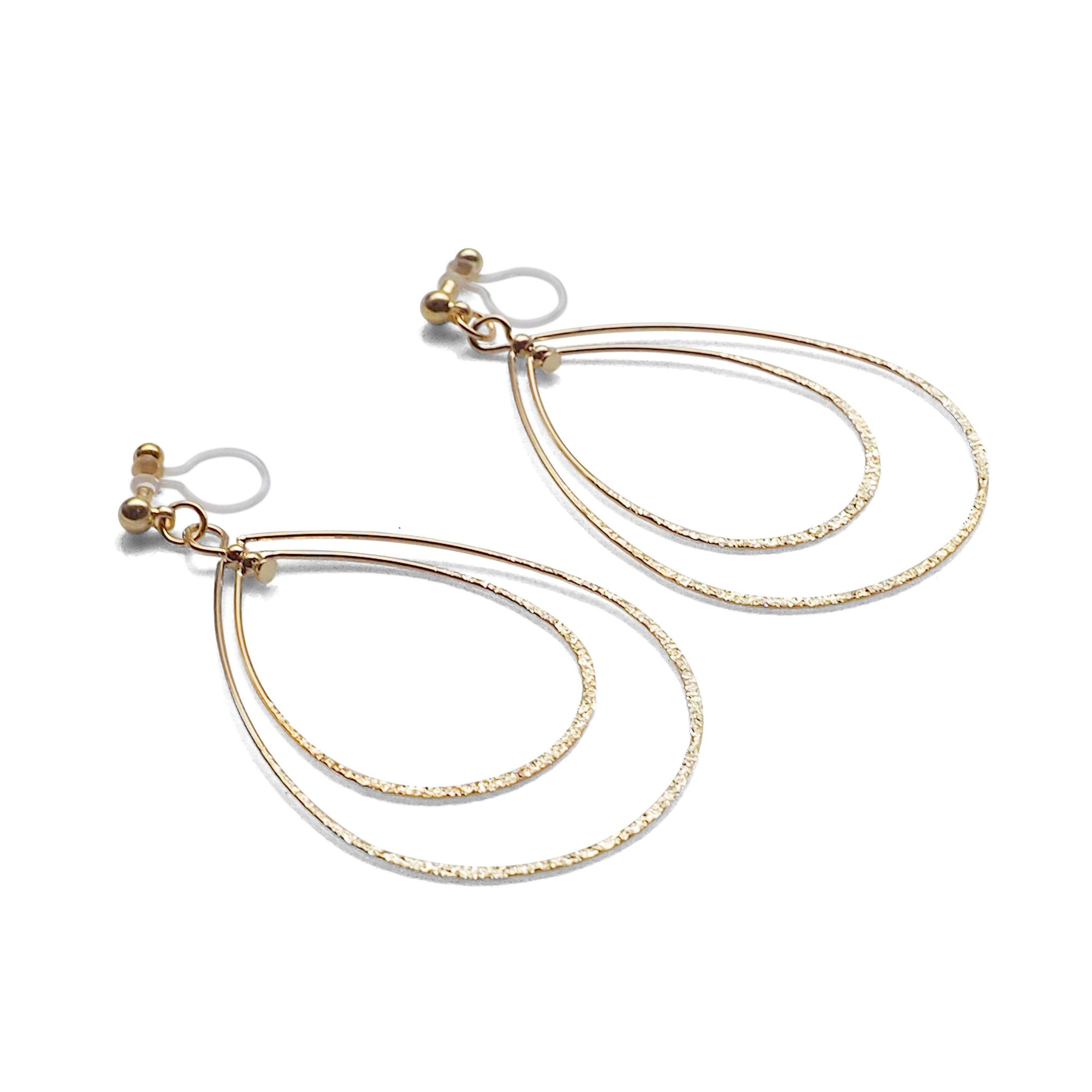 Dangle Gold Double Teardrop Hoop Invisible Clip on Earrings - miyabigracejewelry.com