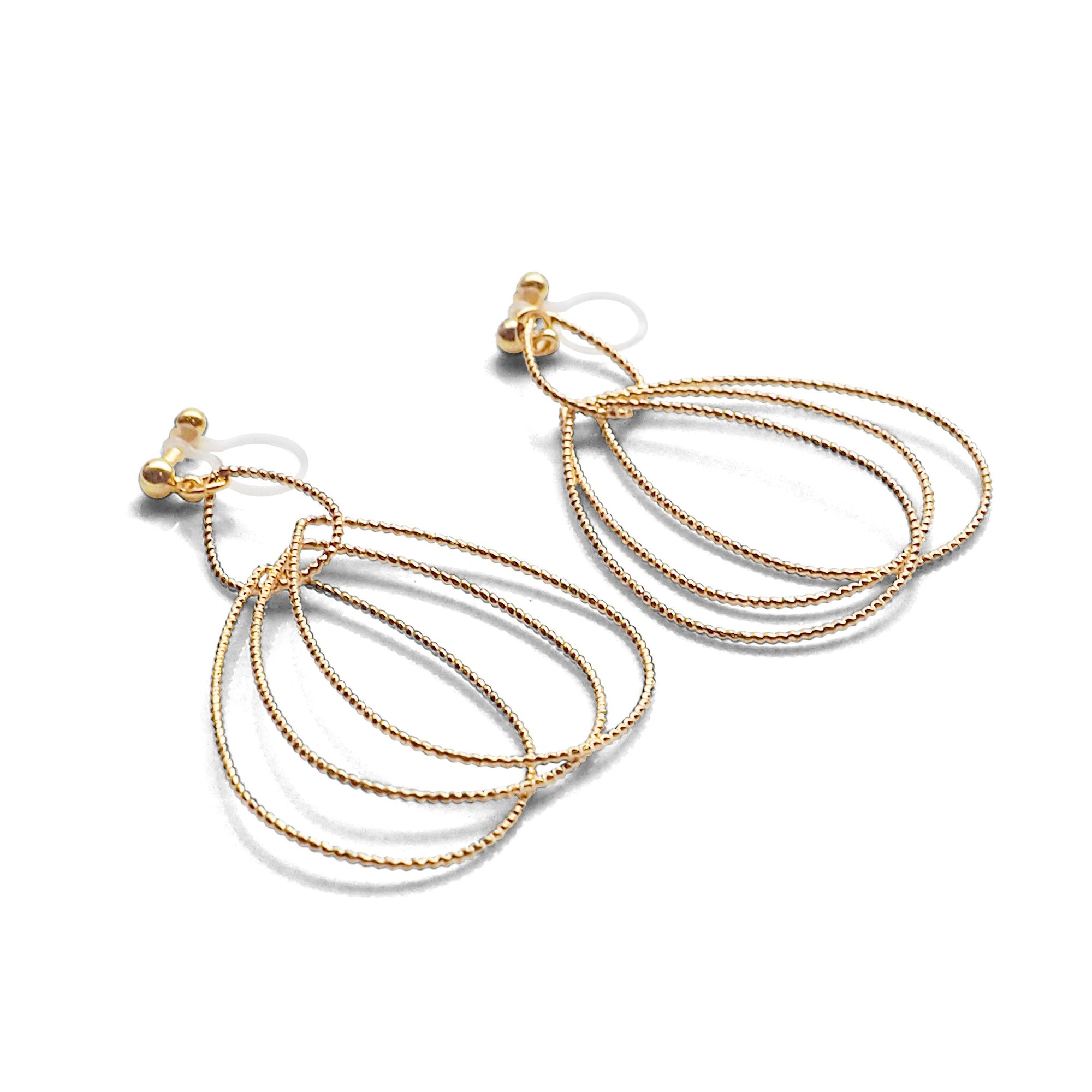 Dangle Gold Textured Pear Hoop Invisible Clip on Earrings - miyabigracejewelry.com