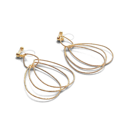 Dangle Gold Textured Pear Hoop Invisible Clip on Earrings - miyabigracejewelry.com