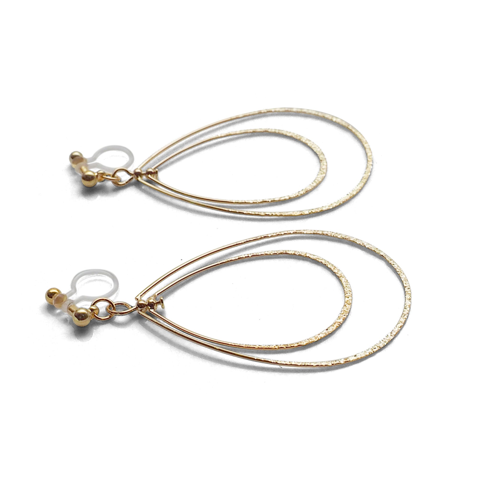Dangle Gold Double Teardrop Hoop Invisible Clip on Earrings - miyabigracejewelry.com