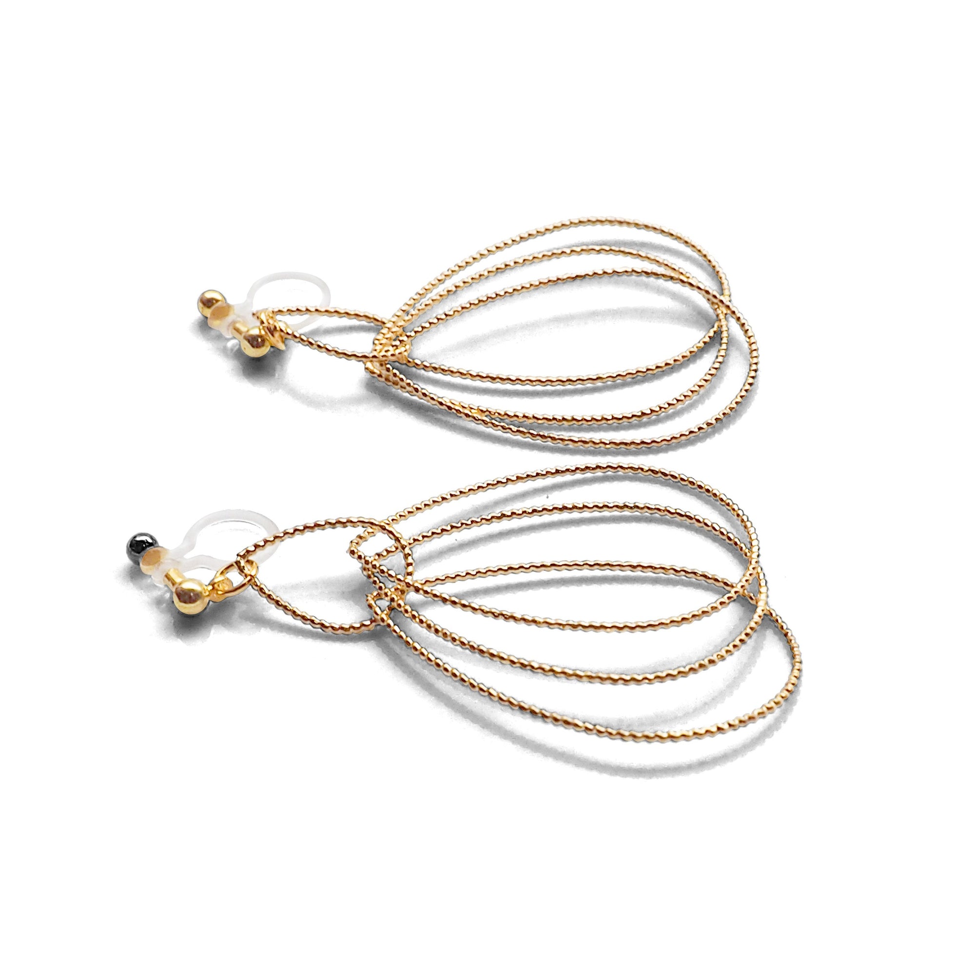 Dangle Gold Textured Pear Hoop Invisible Clip on Earrings - miyabigracejewelry.com