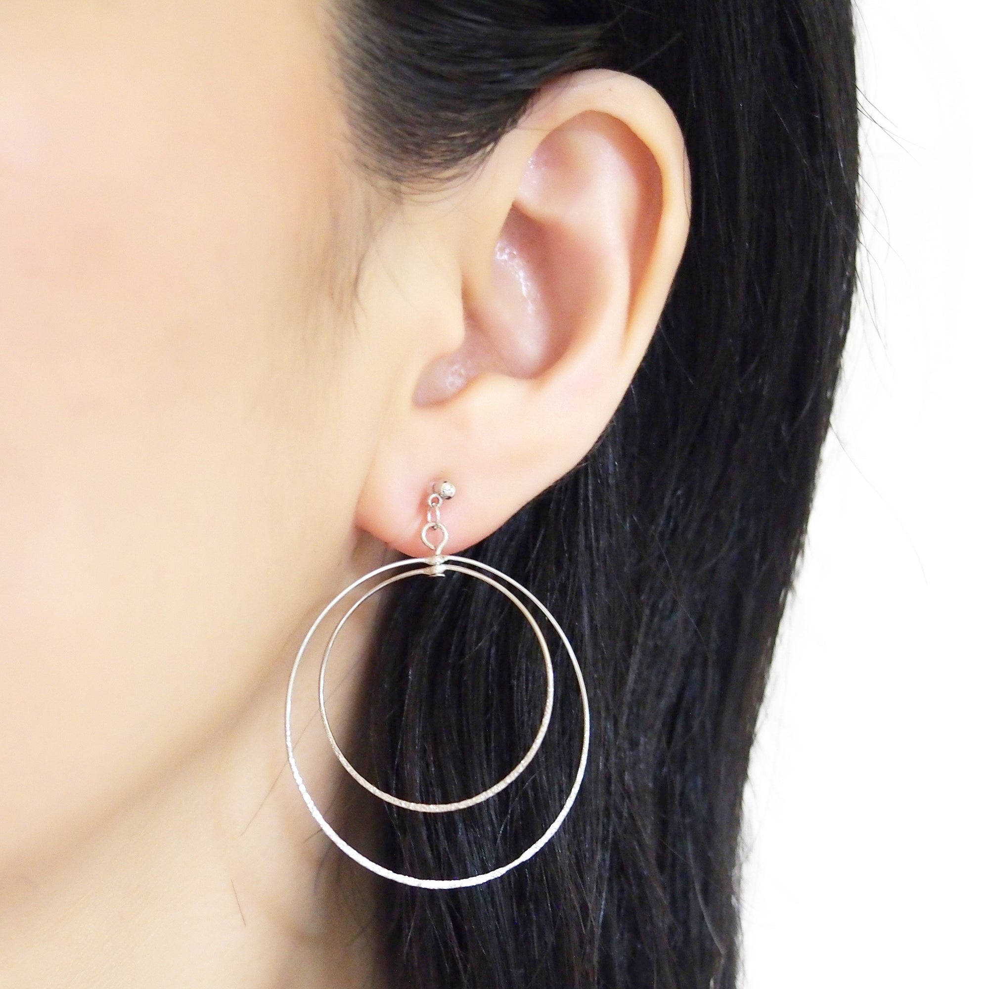 Dangle Silver Double Circle Hoop Invisible Clip on Earrings - miyabigracejewelry.com