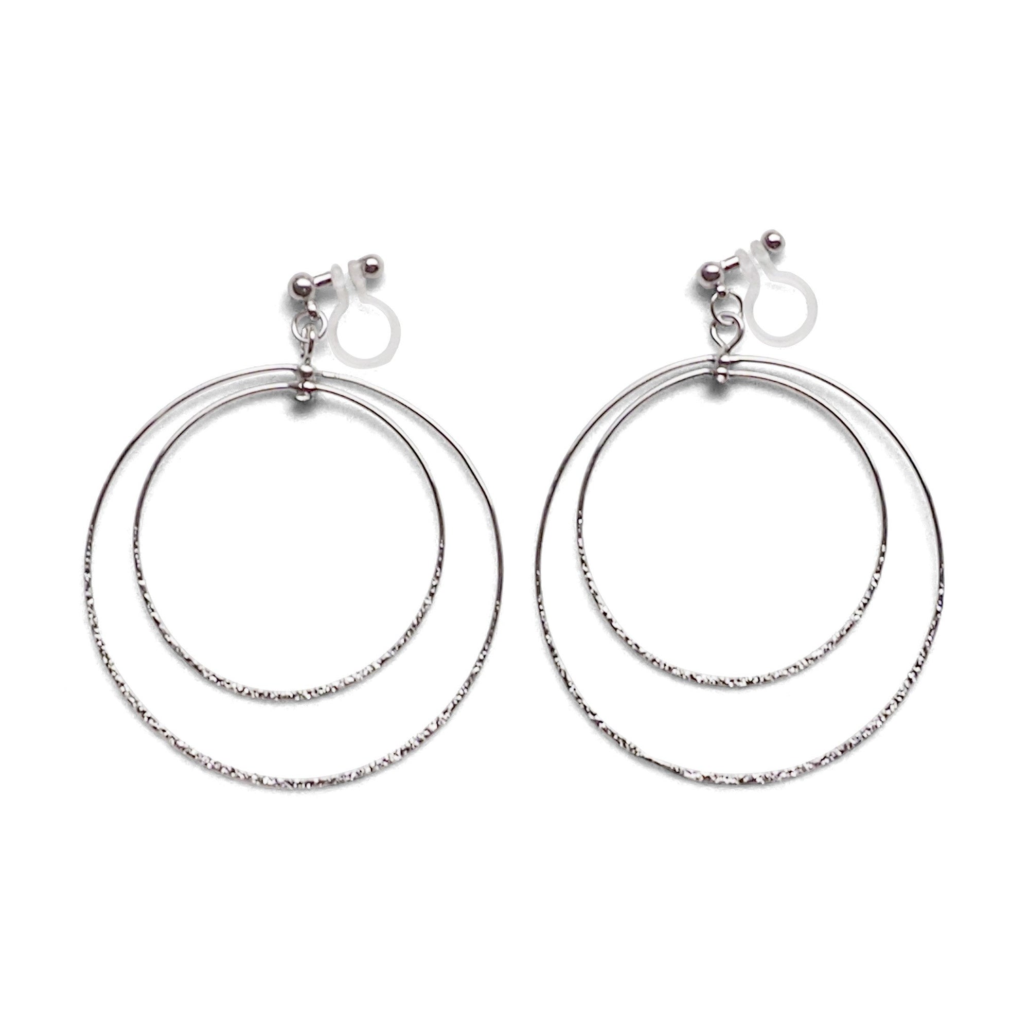 Dangle Silver Double Circle Hoop Invisible Clip on Earrings - miyabigracejewelry.com