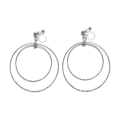 Dangle Silver Double Circle Hoop Invisible Clip on Earrings - miyabigracejewelry.com
