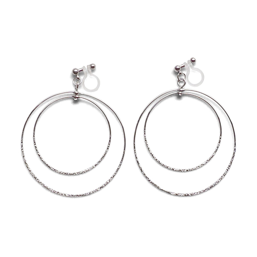 Dangle Silver Double Circle Hoop Invisible Clip on Earrings - miyabigracejewelry.com
