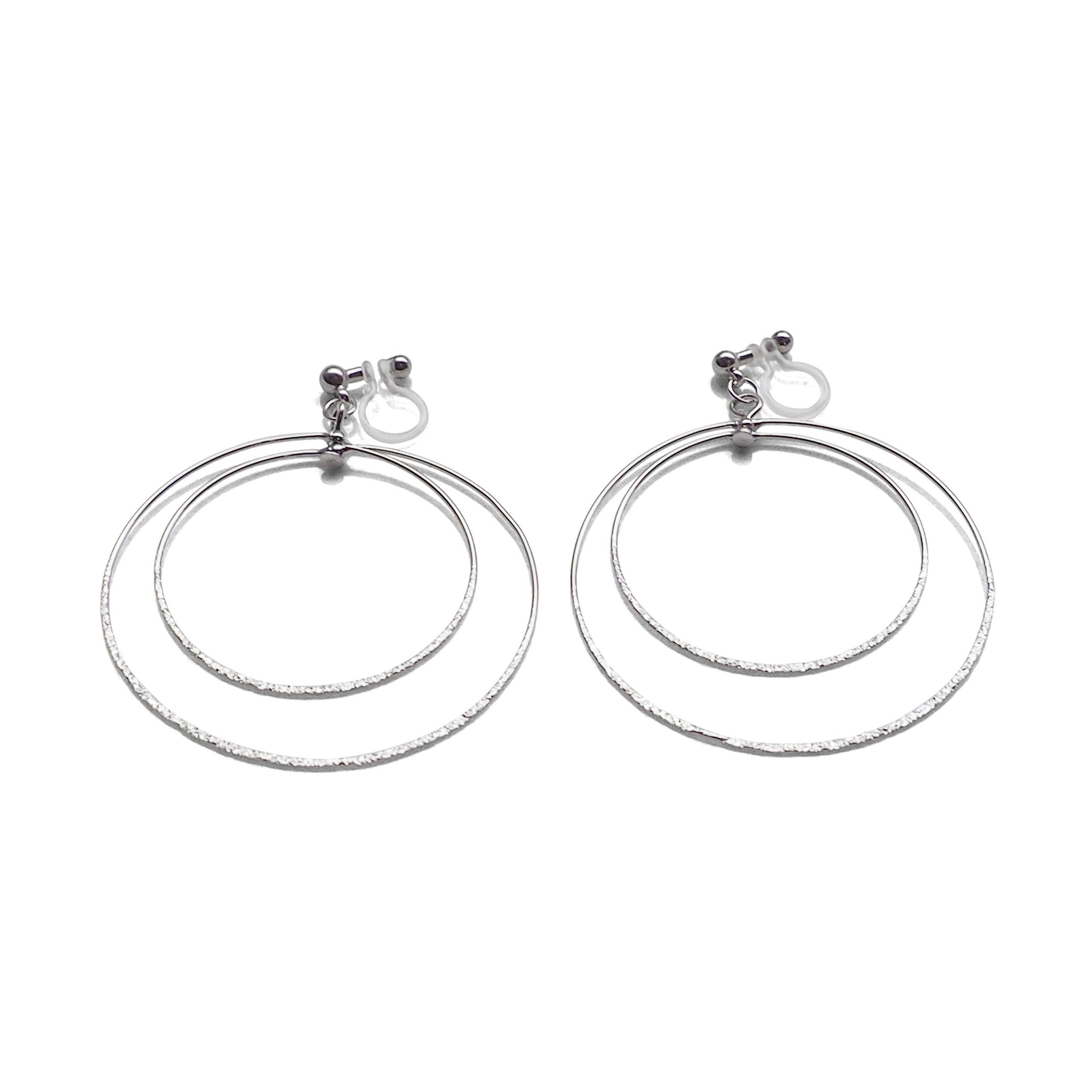 Dangle Silver Double Circle Hoop Invisible Clip on Earrings - miyabigracejewelry.com