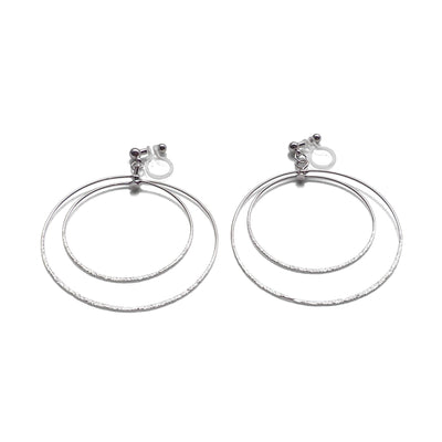 Dangle Silver Double Circle Hoop Invisible Clip on Earrings - miyabigracejewelry.com