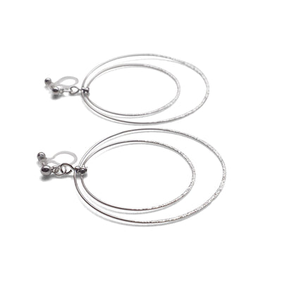 Dangle Silver Double Circle Hoop Invisible Clip on Earrings - miyabigracejewelry.com