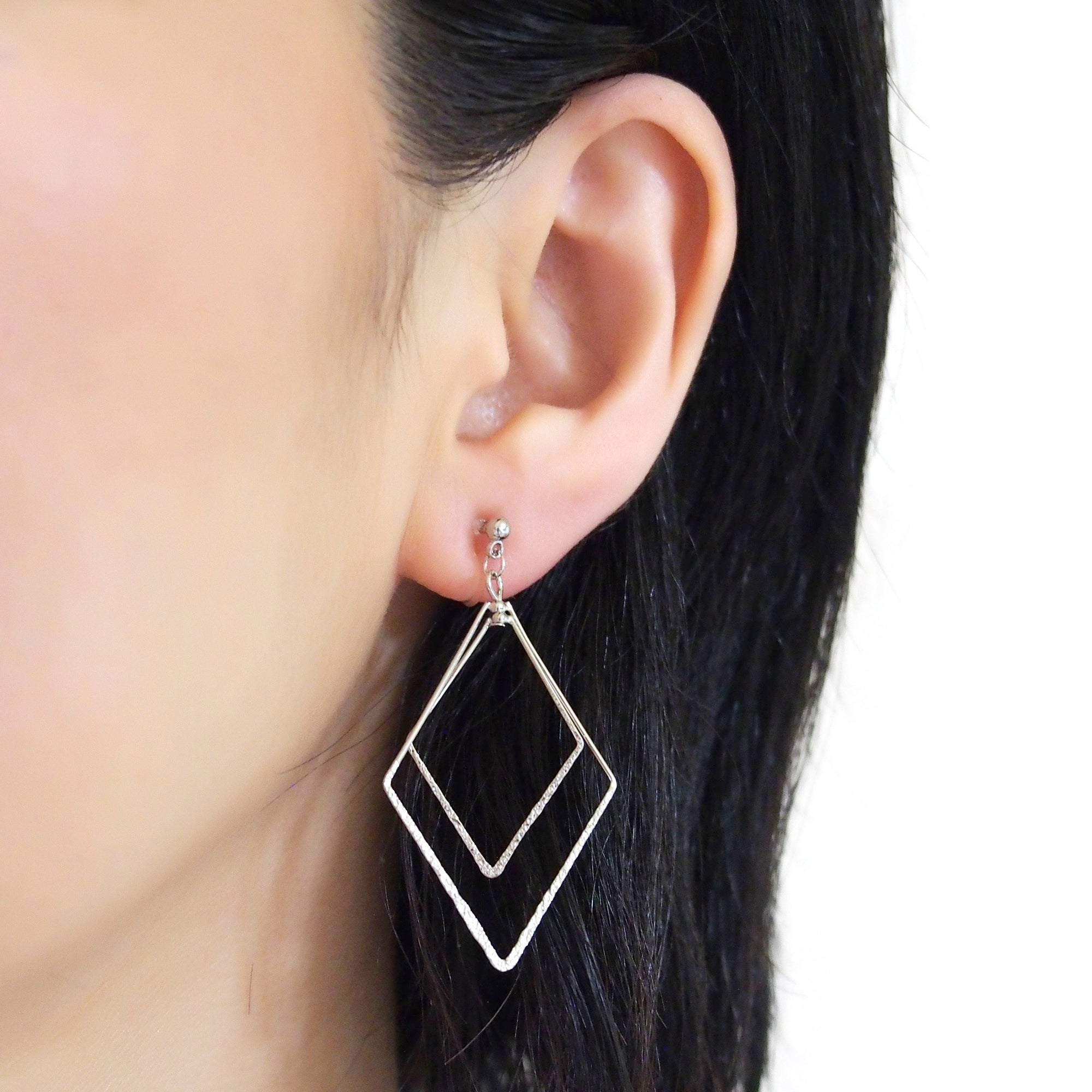 Dangle Silver Double Diamond Hoop Invisible Clip on Earrings - miyabigracejewelry.com