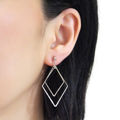 Dangle Silver Double Diamond Hoop Invisible Clip on Earrings - miyabigracejewelry.com