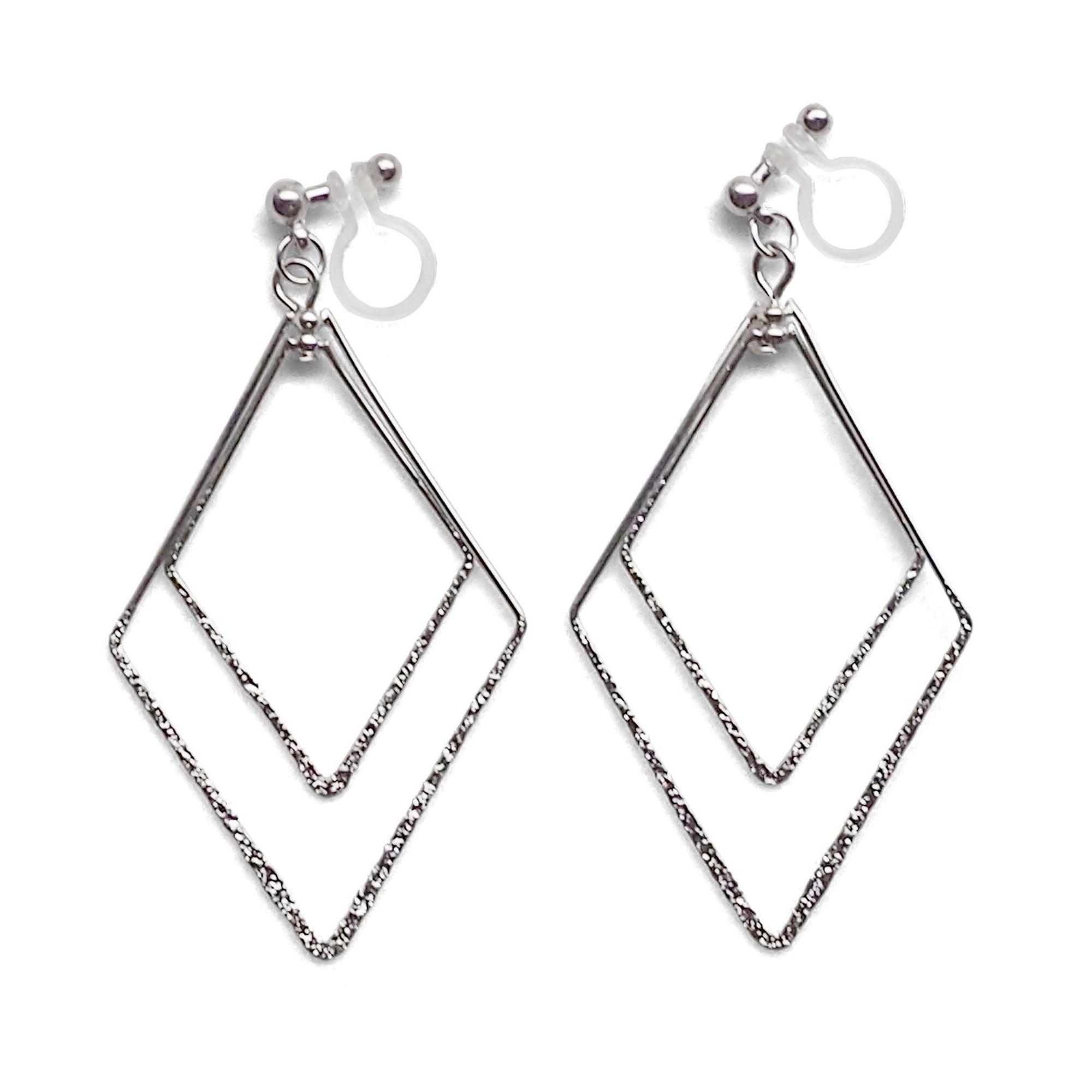 Dangle Silver Double Diamond Hoop Invisible Clip on Earrings - miyabigracejewelry.com
