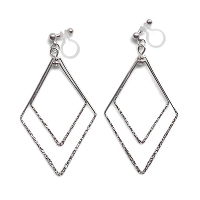 Dangle Silver Double Diamond Hoop Invisible Clip on Earrings - miyabigracejewelry.com