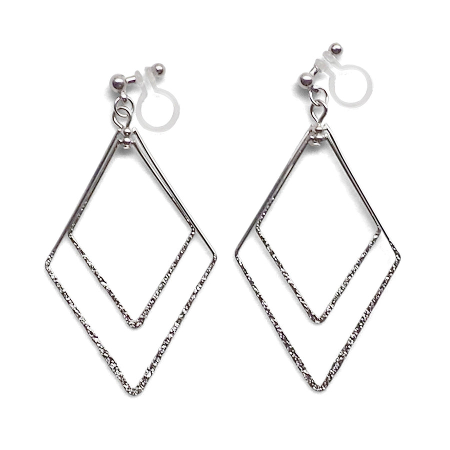 Dangle Silver Double Diamond Hoop Invisible Clip on Earrings - miyabigracejewelry.com