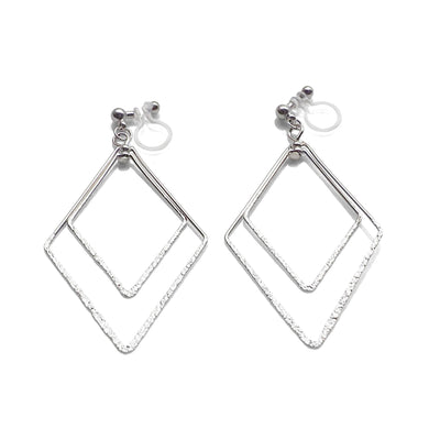 Dangle Silver Double Diamond Hoop Invisible Clip on Earrings - miyabigracejewelry.com