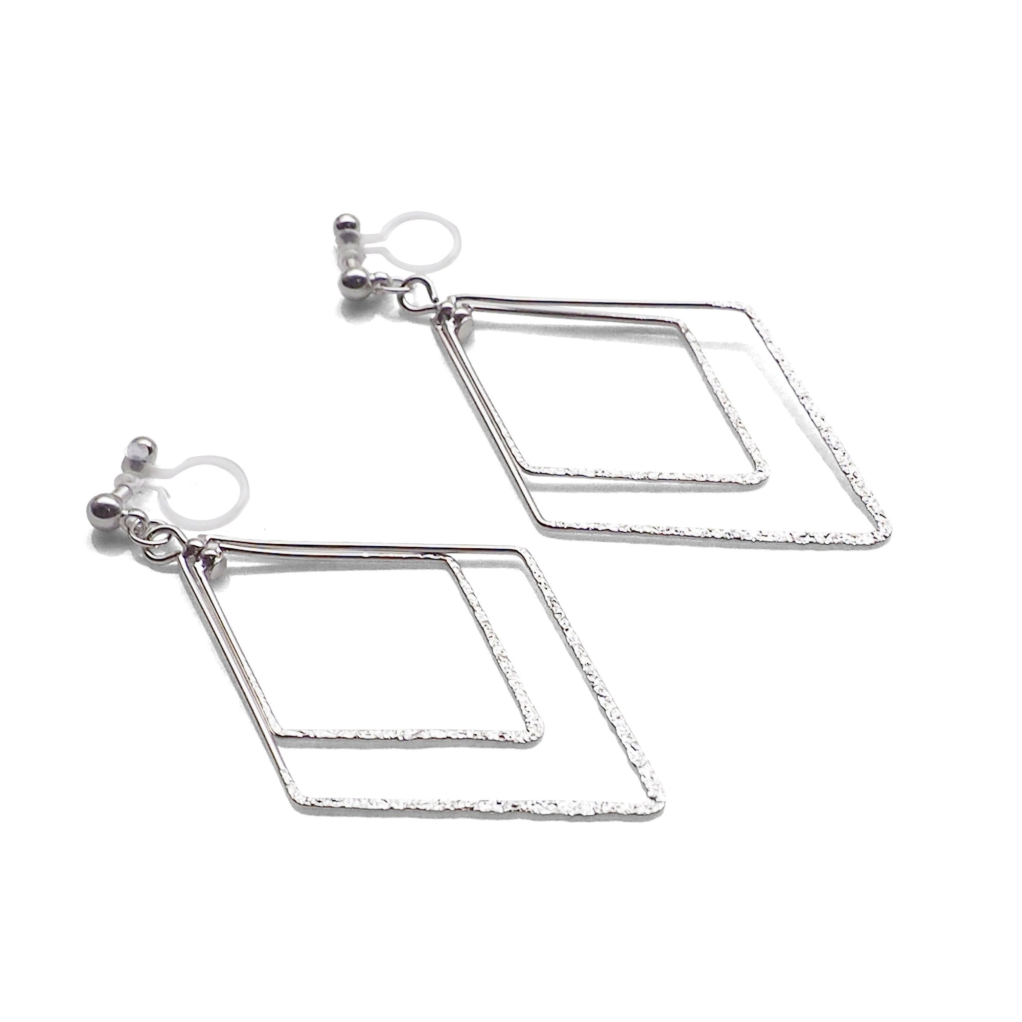 Dangle Silver Double Diamond Hoop Invisible Clip on Earrings - miyabigracejewelry.com