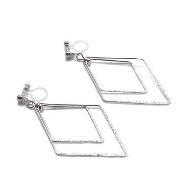 Dangle Silver Double Diamond Hoop Invisible Clip on Earrings - miyabigracejewelry.com
