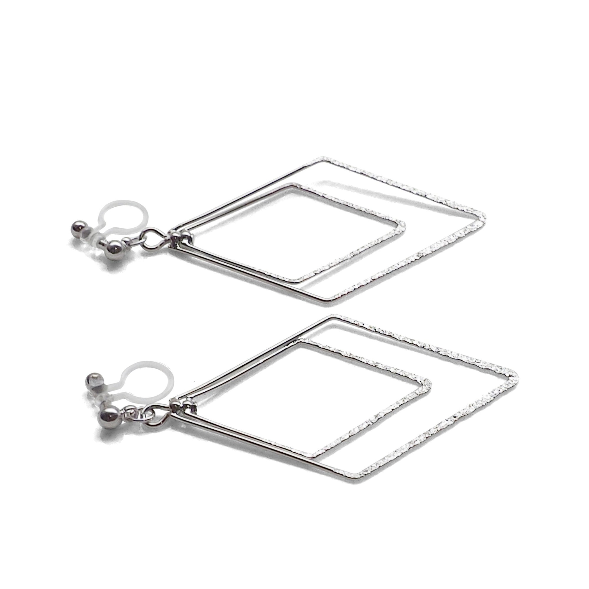 Dangle Silver Double Diamond Hoop Invisible Clip on Earrings - miyabigracejewelry.com