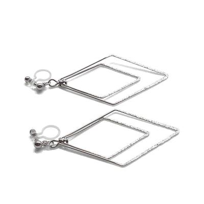 Dangle Silver Double Diamond Hoop Invisible Clip on Earrings - miyabigracejewelry.com