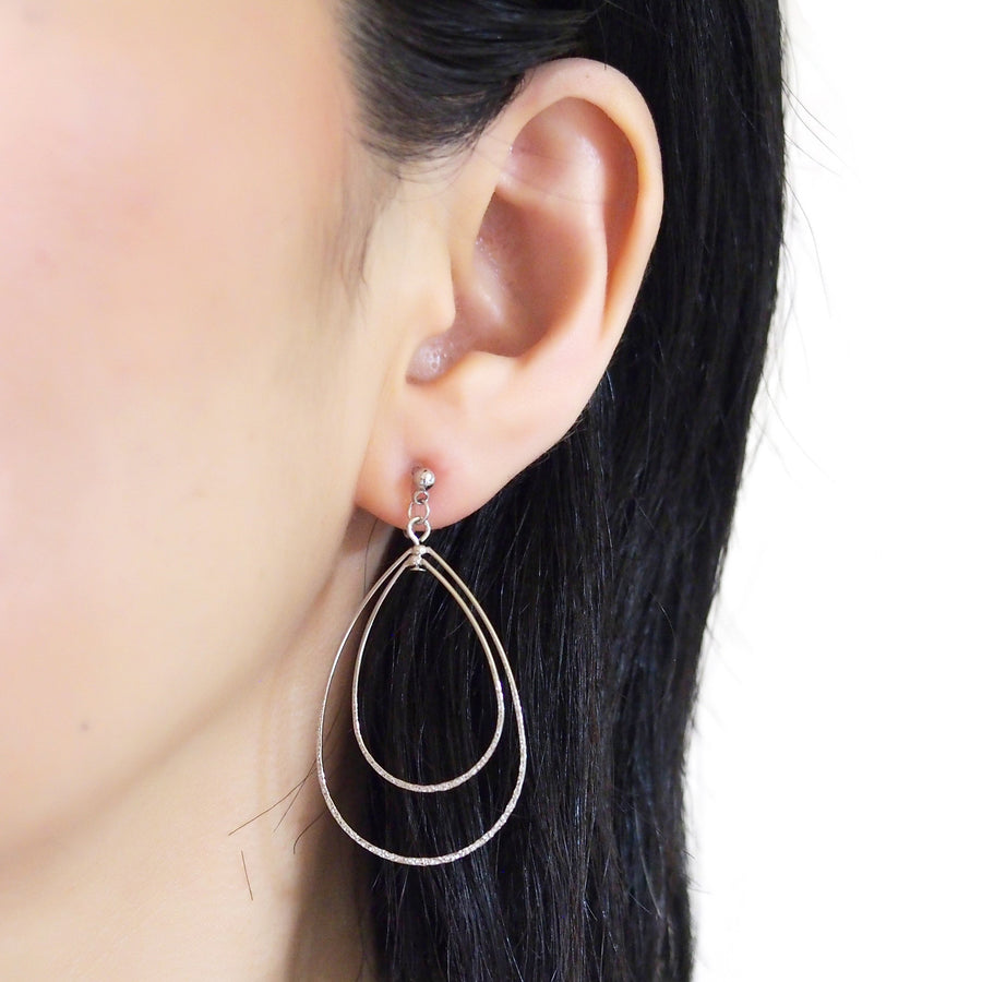 Dangle Silver Double Teardrop Hoop Invisible Clip on Earrings - miyabigracejewelry.com