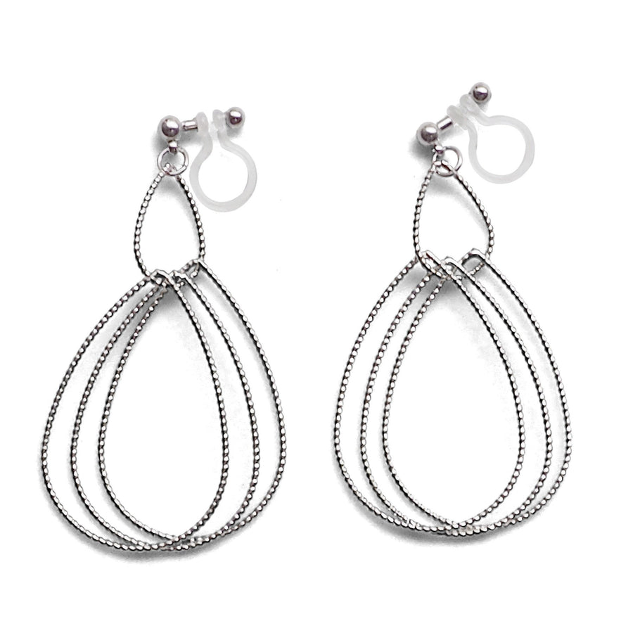 Dangle Silver Textured Pear Hoop Invisible Clip on Earrings - miyabigracejewelry.com