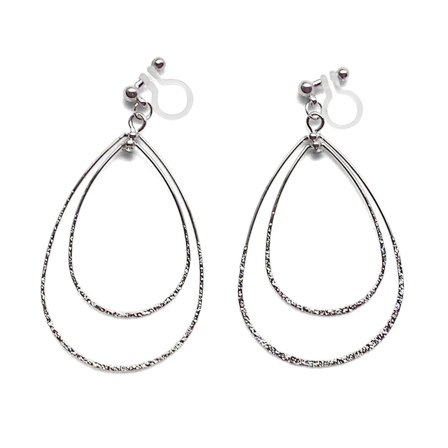 Dangle Silver Double Teardrop Hoop Invisible Clip on Earrings - miyabigracejewelry.com