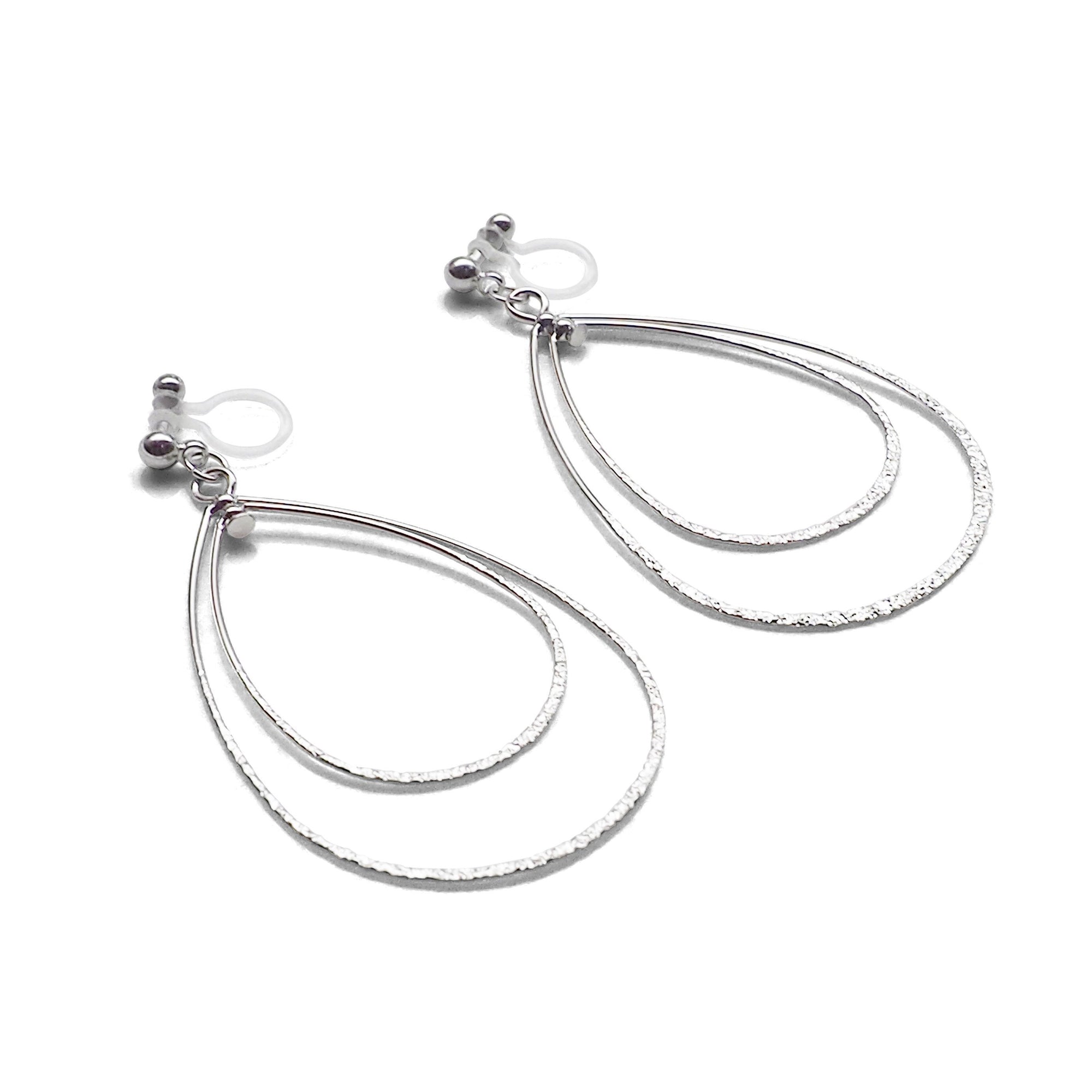 Dangle Silver Double Teardrop Hoop Invisible Clip on Earrings - miyabigracejewelry.com