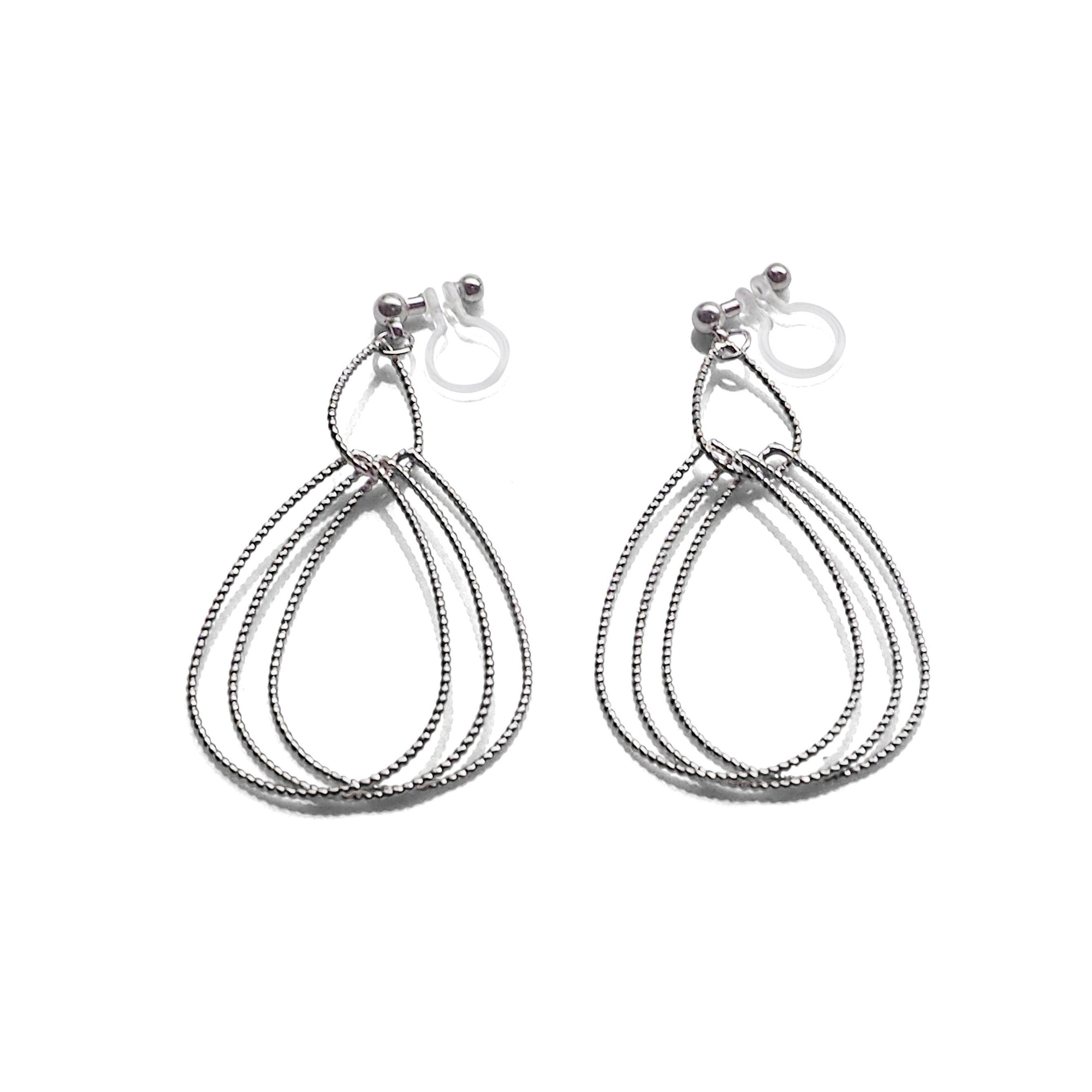 Dangle Silver Textured Pear Hoop Invisible Clip on Earrings - miyabigracejewelry.com