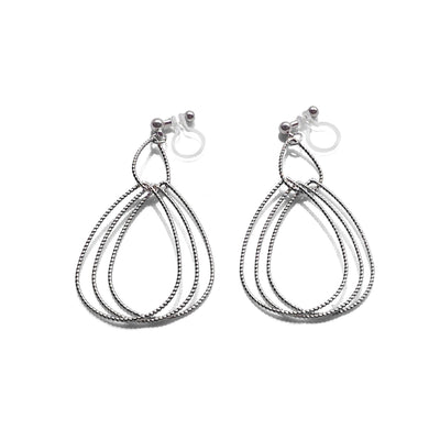 Dangle Silver Textured Pear Hoop Invisible Clip on Earrings - miyabigracejewelry.com