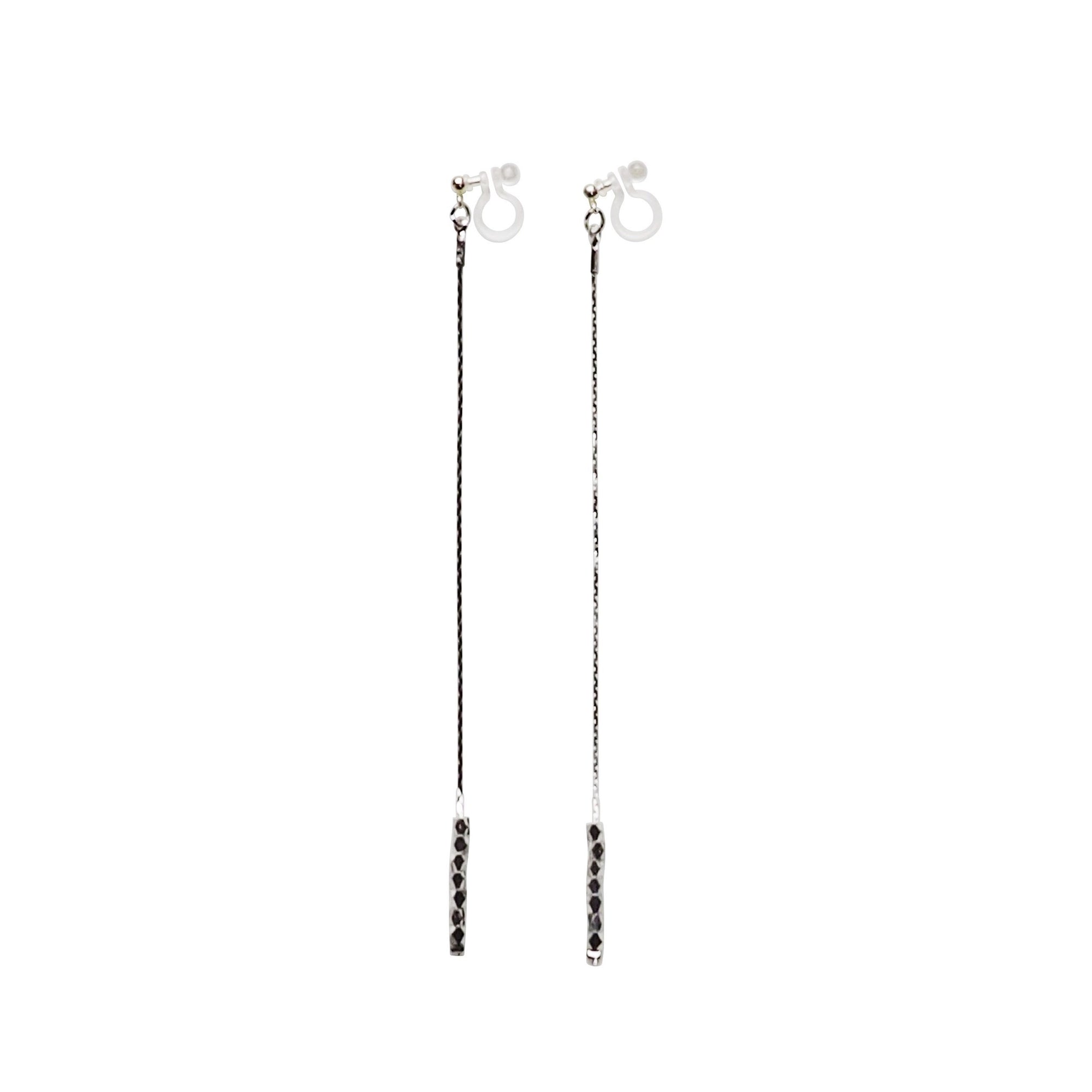 Dangle silver chain & beads invisible clip on earrings - Miyabi Grace