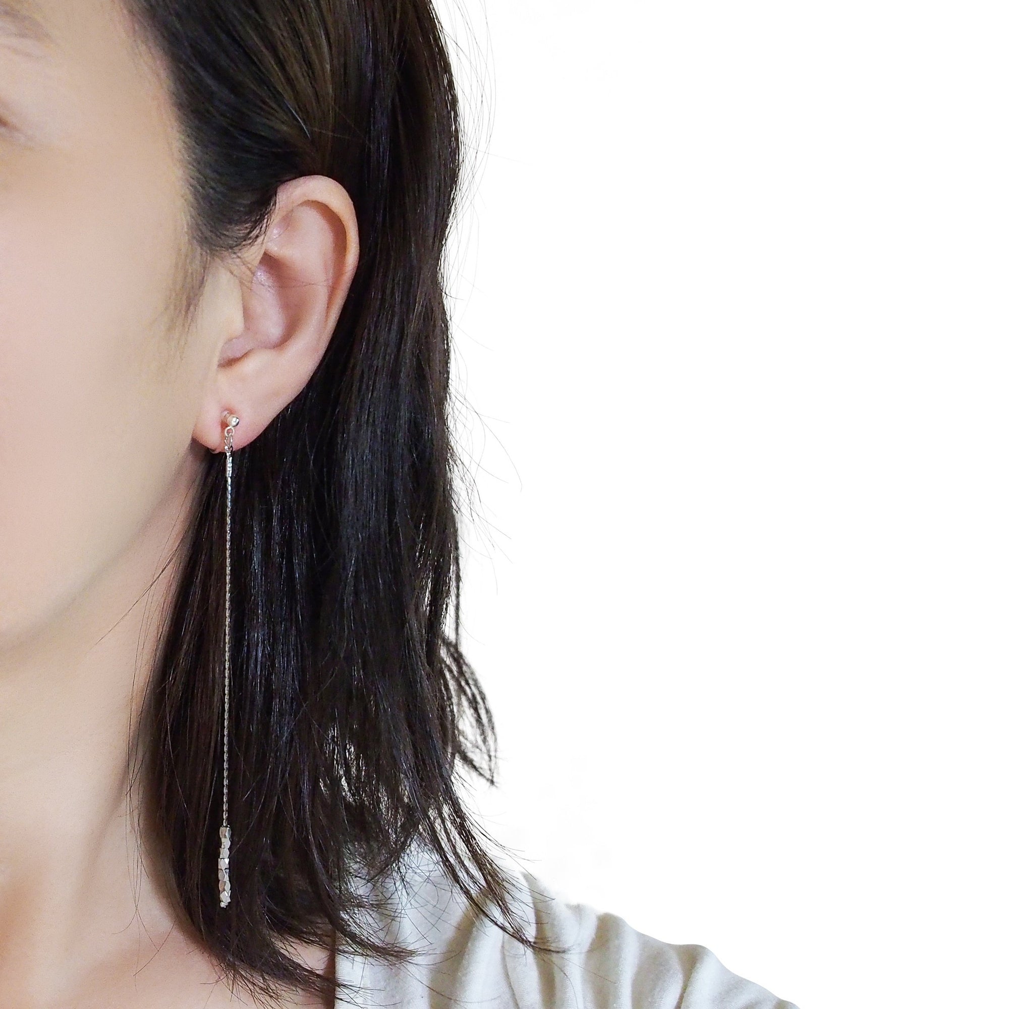 Dangle silver chain & beads invisible clip on earrings - Miyabi Grace