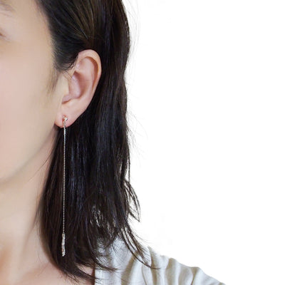 Dangle silver chain & beads invisible clip on earrings - Miyabi Grace