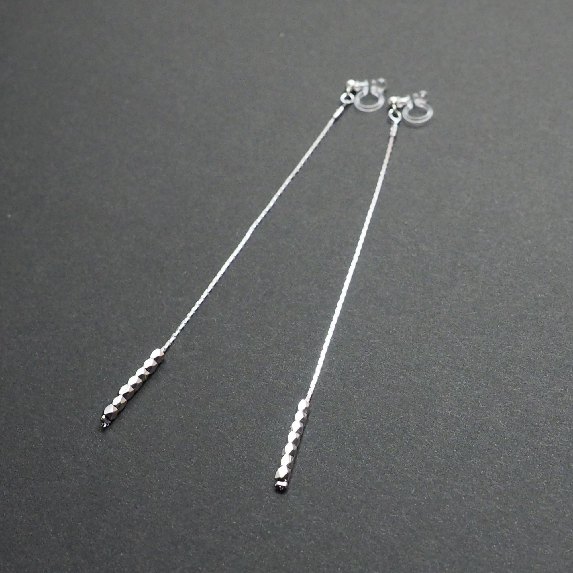 Dangle silver chain & beads invisible clip on earrings - Miyabi Grace