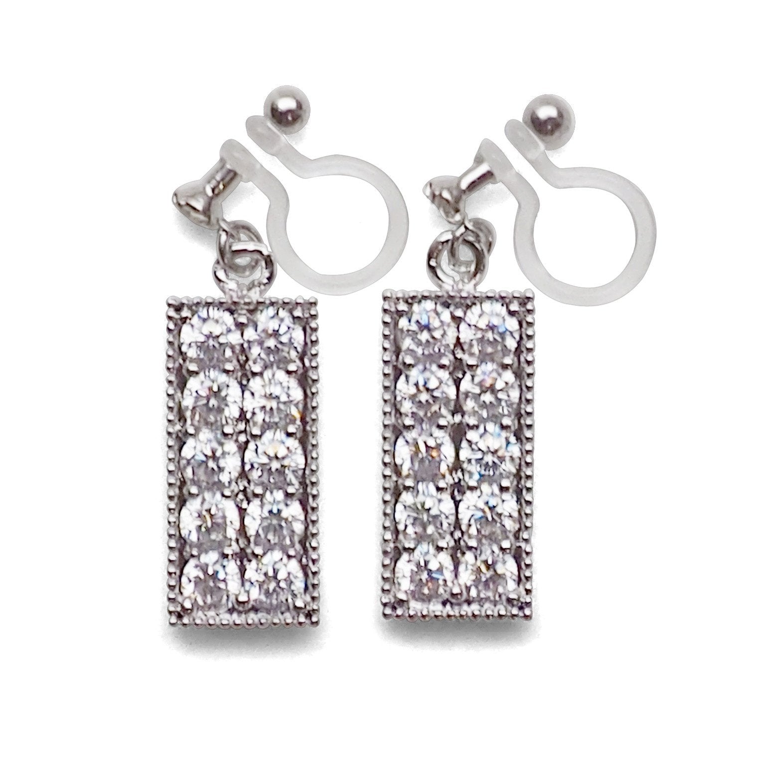 Rectangular bar cubic zirconia invisible clip on earrings (silver tone) - miyabigracejewelry.com