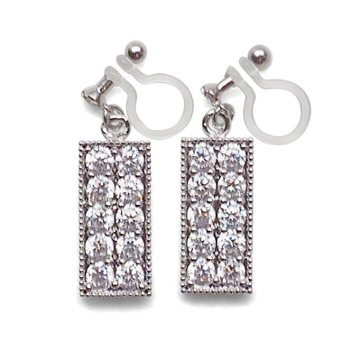 Rectangular bar cubic zirconia invisible clip on earrings (silver tone) - miyabigracejewelry.com