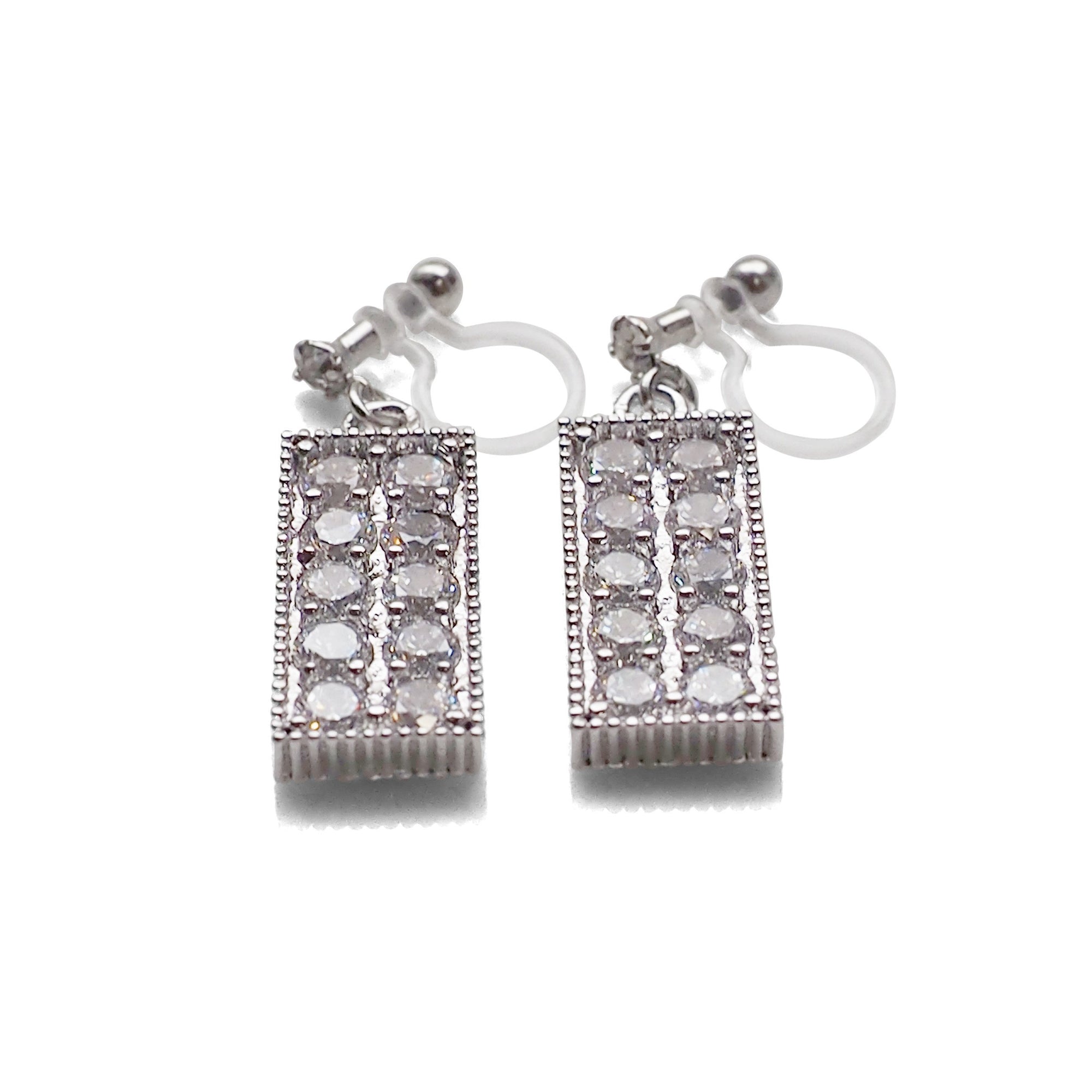 Rectangular bar cubic zirconia invisible clip on earrings (silver tone) - miyabigracejewelry.com