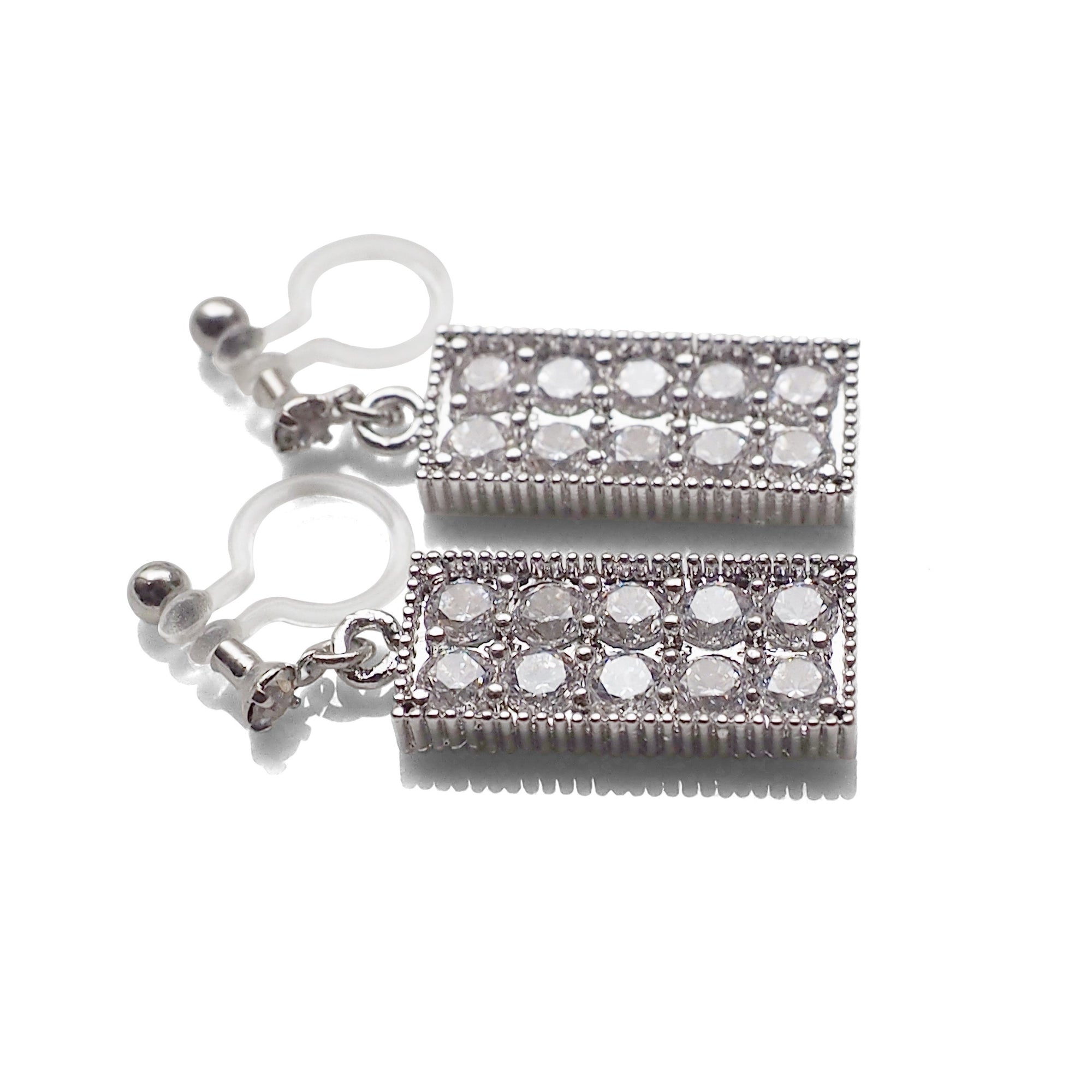 Rectangular bar cubic zirconia invisible clip on earrings (silver tone) - miyabigracejewelry.com