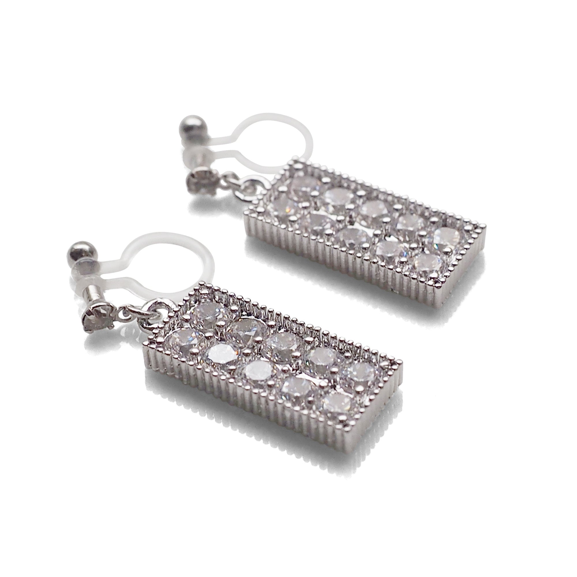 Rectangular bar cubic zirconia invisible clip on earrings (silver tone) - miyabigracejewelry.com