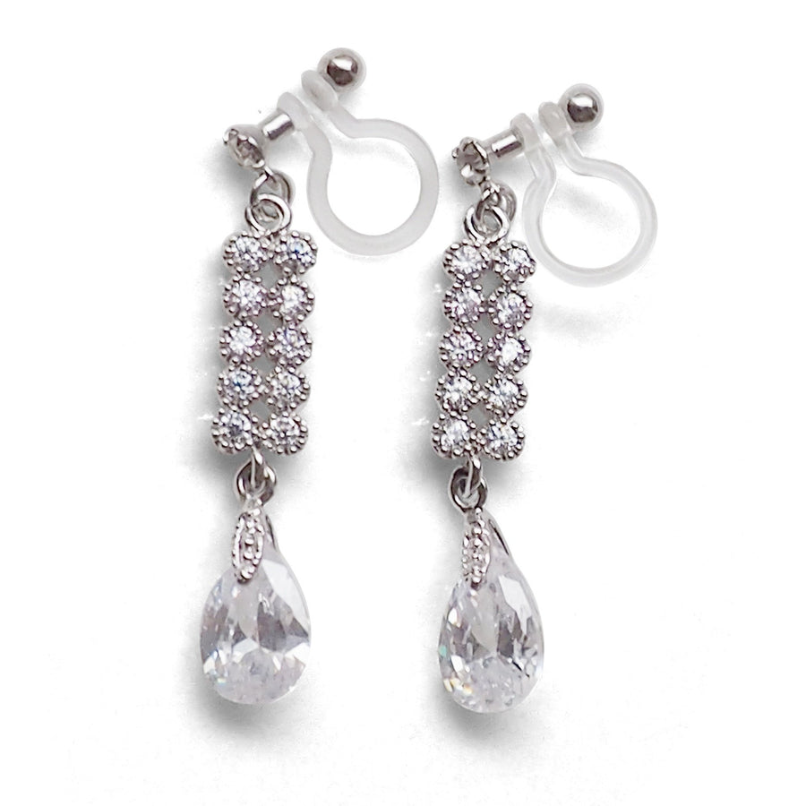 Dangle bridal teardrop cubic zirconia invisible clip on earrings (silver tone) - miyabigracejewelry.com