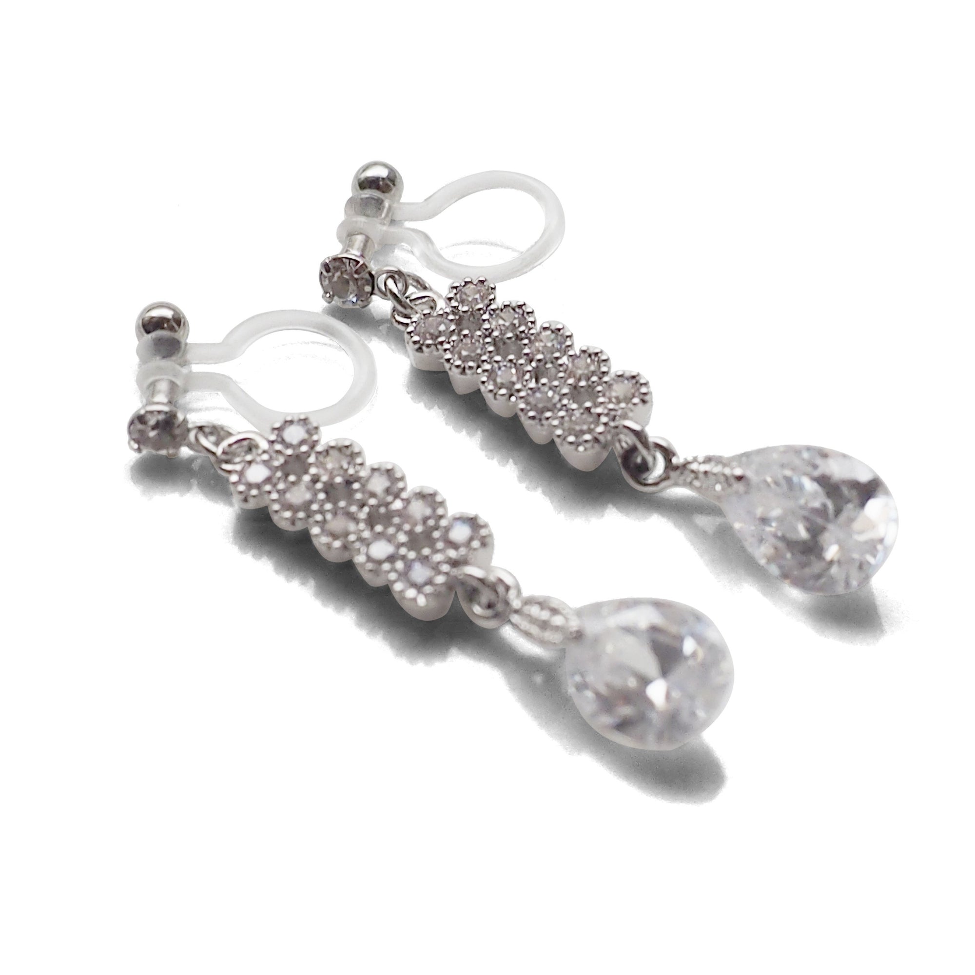 Dangle bridal teardrop cubic zirconia invisible clip on earrings (silver tone) - miyabigracejewelry.com