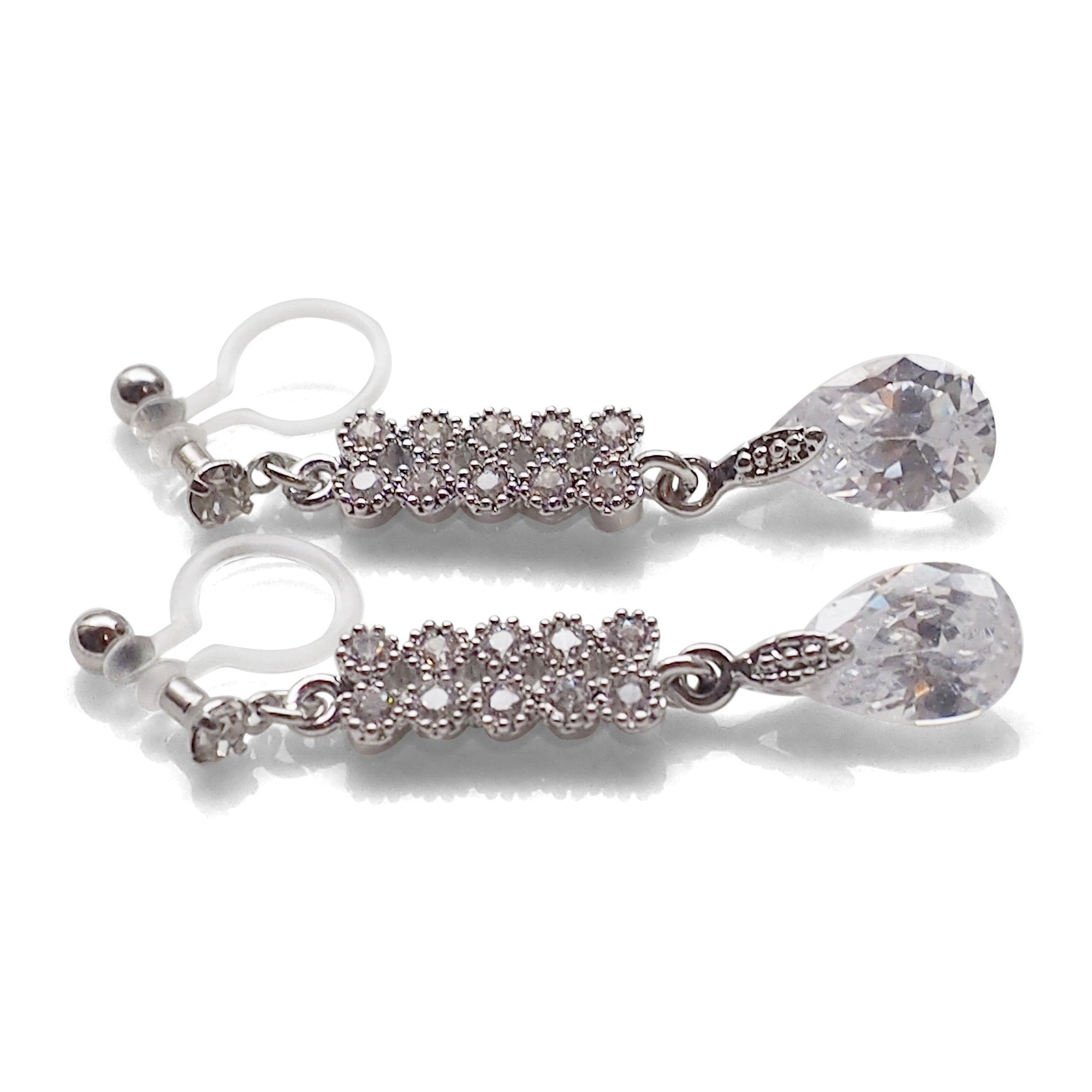 Dangle bridal teardrop cubic zirconia invisible clip on earrings (silver tone) - miyabigracejewelry.com