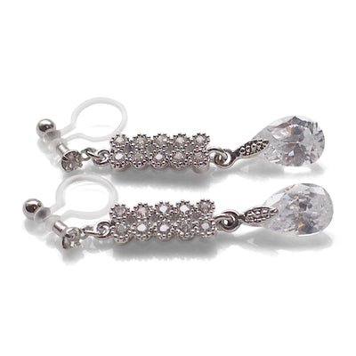 Dangle bridal teardrop cubic zirconia invisible clip on earrings (silver tone) - miyabigracejewelry.com