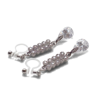 Dangle bridal teardrop cubic zirconia invisible clip on earrings (silver tone) - miyabigracejewelry.com
