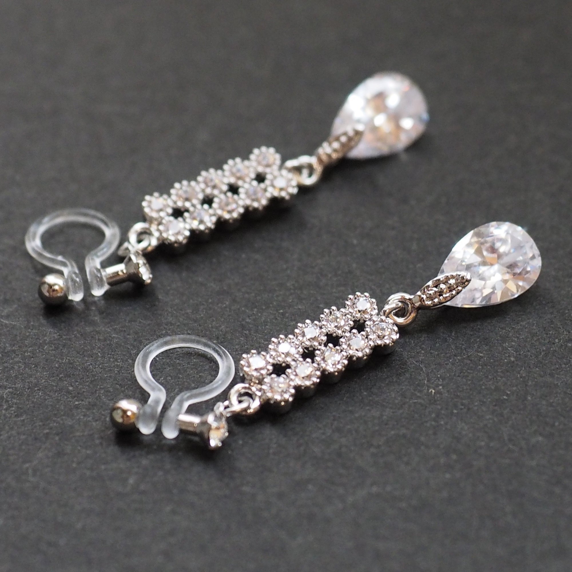Dangle bridal teardrop cubic zirconia invisible clip on earrings (silver tone) - miyabigracejewelry.com